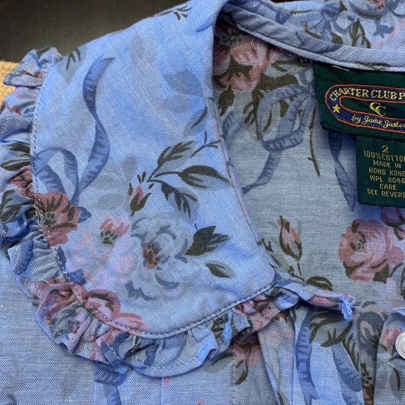 PETER Pan Collar Floral Short Sleeve Buttondown Blouse 100% Cotton Size 2 - Picture 13 of 14